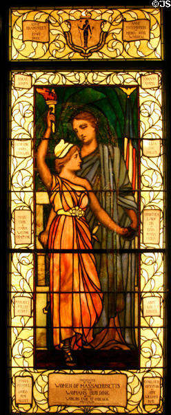 Stained glass window (1893) of Massachusetts Mothering the Coming Women of Liberty, Progress & Light from Women's Building of World's Columbian Exhibition at Stained Glass Museum. Chicago, IL.