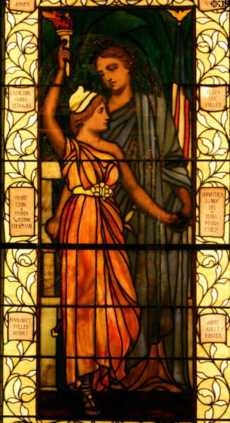 Stained glass window (1893) detail of Massachusetts Mothering the Coming Women of Liberty, Progress & Light from Women's Building of World's Columbian Exhibition at Stained Glass Museum. Chicago, IL.