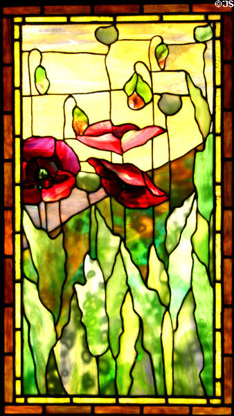 Stained glass window (c late 1900) of poppies by Tiffany Studios at Stained Glass Museum. Chicago, IL.