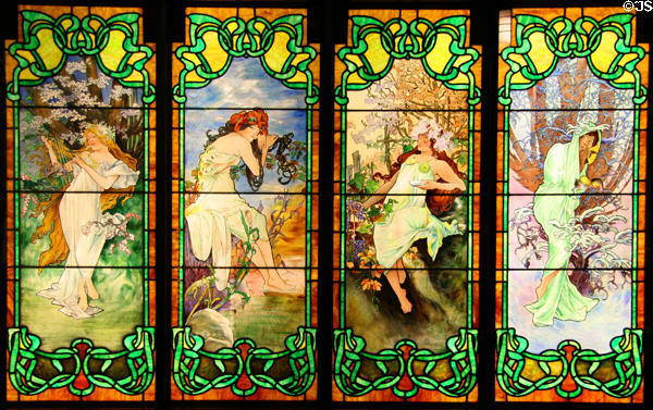 Stained glass window (1907) with Art Nouveau Four Seasons at Stained Glass Museum. Chicago, IL.