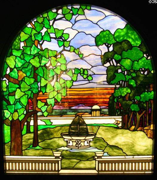Stained glass window (c1910) of Garden with Fountain from Chicago house at Stained Glass Museum. Chicago, IL.