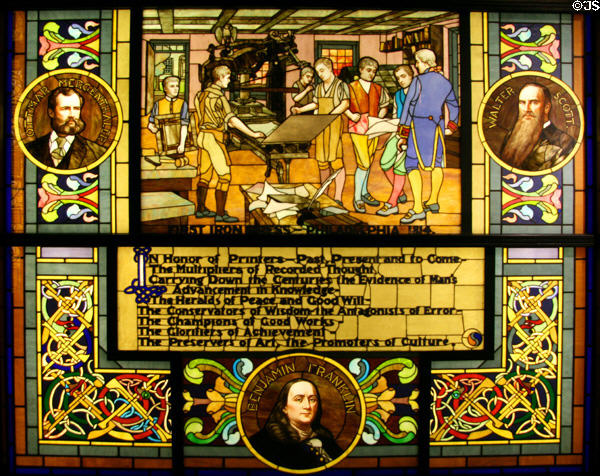 Stained glass window (1914) of Printers History by Thomas Augustin O'Shaughnessy at Stained Glass Museum. Chicago, IL.
