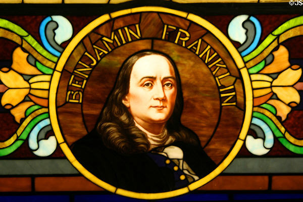 Details of stained glass window (1914) of Printers History showing Benjamin Franklin at Stained Glass Museum. Chicago, IL.