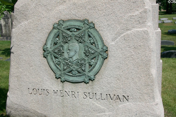 Monument (1924) to architect Louis H. Sullivan (1856-1924) by Watson Tallmadge in Graceland Cemetery. Chicago, IL.