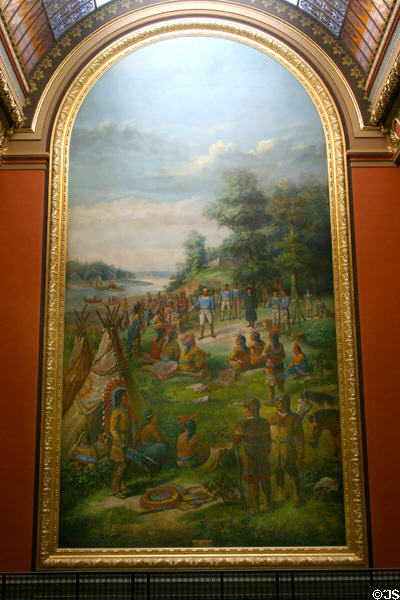 Painting of George Rogers Clark making Treaty with Indians by G.A. Fuchs at Illinois State Capitol. Springfield, IL.