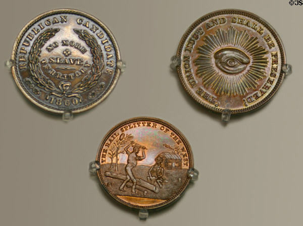 Abraham Lincoln campaign medals (1860) including Rail Splitter of the West, The Union Must and Shall be Preserved, & No More Slave Territory. Springfield, IL.