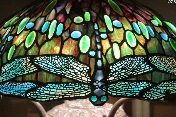 Detail of dragonfly shade (1906) attrib. Clara Pierce Wolcott Driscoll of Tiffany Studios at Art Institute of Chicago. Chicago, IL.