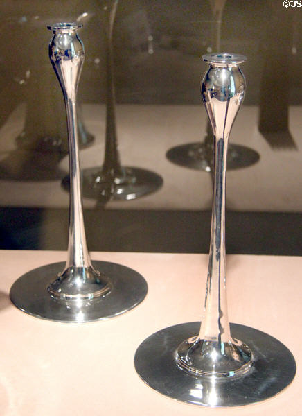 Silver-plated candlesticks in Iota Pattern (1905-15) by Robert Riddle Jarvie of Chicago, IL at Art Institute of Chicago. Chicago, IL.
