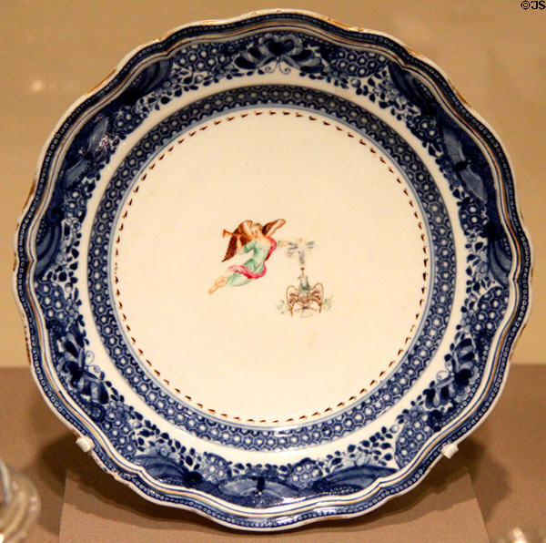 Porcelain plate (c1785) with figure of Fame symbol of Society of the Cincinnati imported from China at Art Institute of Chicago. Chicago, IL.