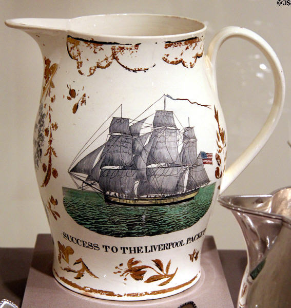 Earthenware jug (1800-5) with transfer print of American merchant sailing ship by Herculaneum Pottery of Liverpool, England at Art Institute of Chicago. Chicago, IL.