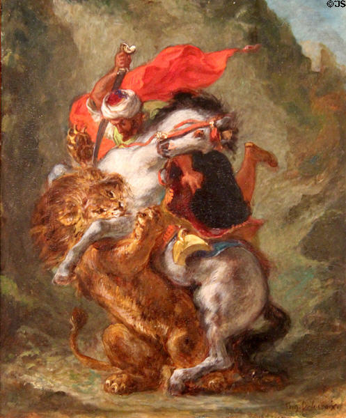 Arab Horseman Attacked by a Lion painting (1849-50) by Eugène Delacroix at Art Institute of Chicago. Chicago, IL.