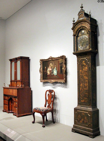Gallery of furniture with tall case clock (18thC) by George Stevens of Hindon, England at Art Institute of Chicago. Chicago, IL.