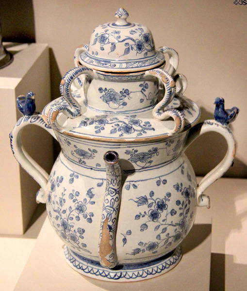 Tin-glazed earthenware double-covered posset pot (c1720) from London, England at Art Institute of Chicago. Chicago, IL.