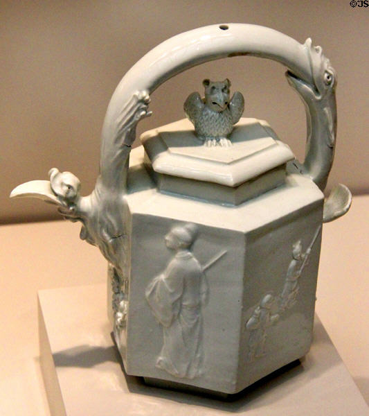 Porcelain teapot with mythical figures (c1720) by Du Paquier Porcelain Manufactory of Vienna, Austria at Art Institute of Chicago. Chicago, IL.