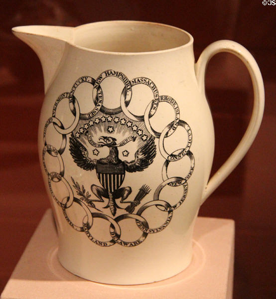 American eagle creamware jug with rings of 15 states (1796-1803) from Liverpool, England at Art Institute of Chicago. Chicago, IL.
