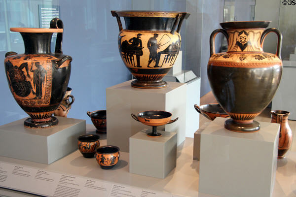 Collection of Greek terracotta black figure vessels (550-500 BCE) from Athens at Art Institute of Chicago. Chicago, IL.