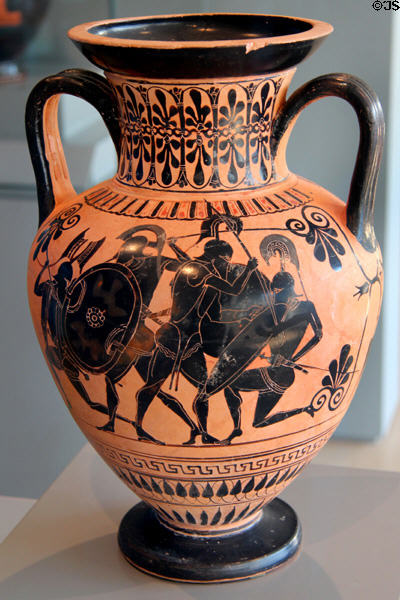 Greek terracotta black figure Amphora with fighting soldiers (530-510 BCE) from Athens at Art Institute of Chicago. Chicago, IL.