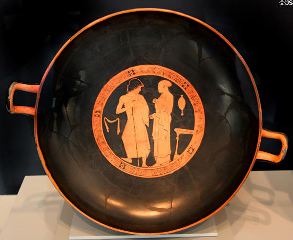 Greek terracotta red figure Kylix (wine cup) (c470 BCE) from Athens at Art Institute of Chicago. Chicago, IL.
