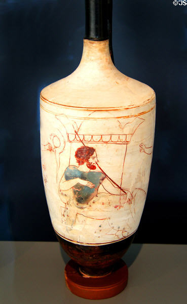 Greek terracotta white-ground Lekythos (oil jar) (410-400 BCE) from Athens at Art Institute of Chicago. Chicago, IL.