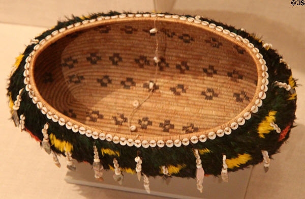 Pomo tribe feathered gift basket (1915-20) from Northern California at Art Institute of Chicago. Chicago, IL.