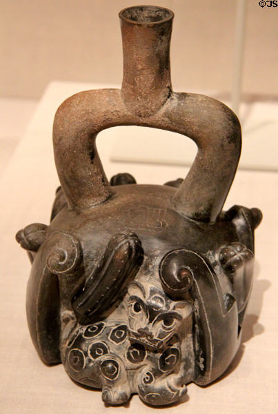 Chavín ceramic stirrup-spout vessel with feline & cactus (900-200 BCE) from North Coast, Peru at Art Institute of Chicago. Chicago, IL.