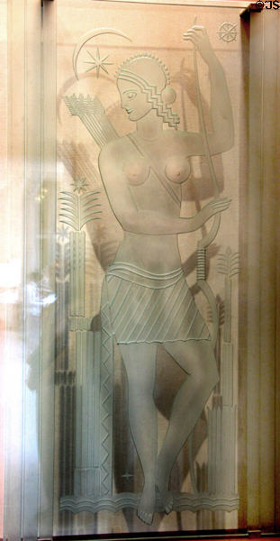 Etched glass window (1929-31) from demolished Michigan Square Building, Chicago by Edgar Miller for Holabird & Root at Art Institute of Chicago. Chicago, IL.