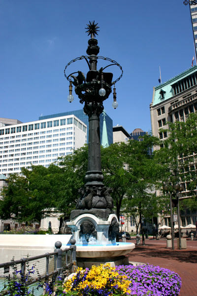 Lamp stand base with bears & buffalo on War Memorial Plaza. Indianapolis, IN.