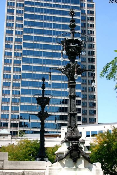 War memorial lamp stand against Market Tower building. Indianapolis, IN.