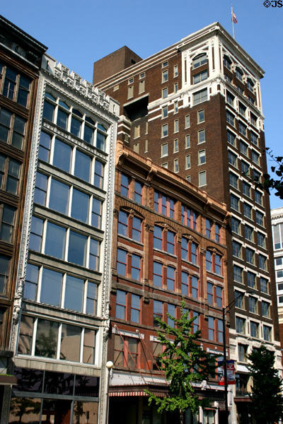 E. Washington streetscape Marott's Shoes Building (1900 Tudor revival); Lombard Building (1893 Renaissance) & Hotel Washington (1912 Beaux arts now Symphony Center). Indianapolis, IN. Architect: R.P. Daggett & Co..