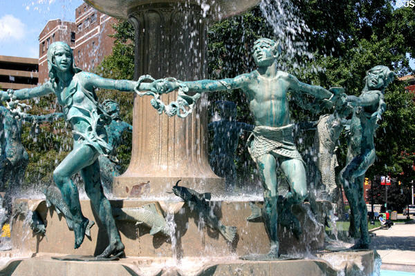 Bronze dancing children of fountain in University Park. Indianapolis, IN.