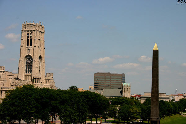 Looking over University Park to Scottish Rite Cathedral, obelisk & art museum. Indianapolis, IN.
