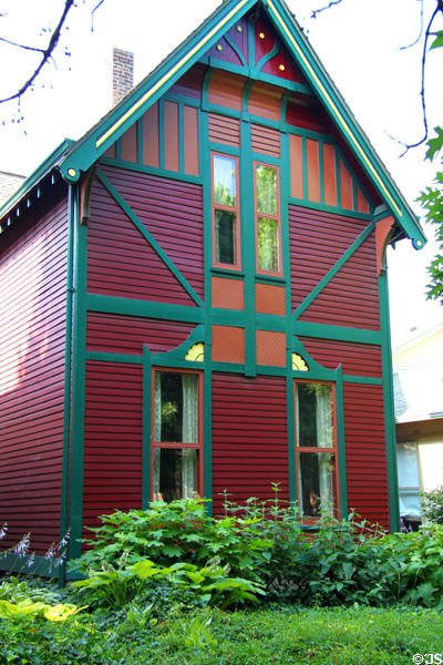Stick Gothic heritage cottage (521 Vermont St.) in Lockerbie Square historic neighborhood. Indianapolis, IN.