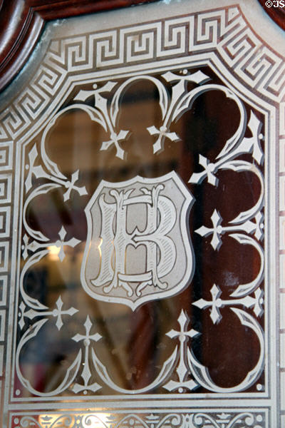 Front door etched with BH initials at Benjamin Harrison Presidential Site. Indianapolis, IN.