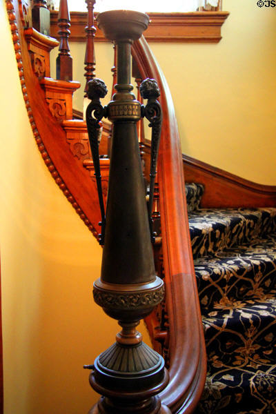 Fire hose nozzle gift of local fire brigade used as newel post on stairway at Benjamin Harrison Presidential Site. Indianapolis, IN.