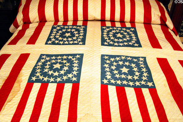 Quilt (1888) with U.S. flags made to support Harrison's presidential campaign at Benjamin Harrison Presidential Site. Indianapolis, IN.