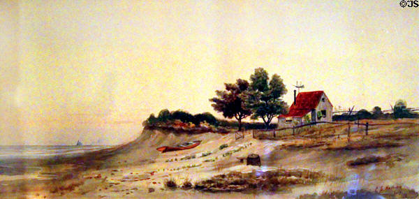 Shoreline with cabin painting (1898) by Caroline Scott Harrison wife of Benjamin at Benjamin Harrison Presidential Site. Indianapolis, IN.