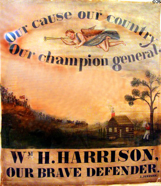 Poster for William Henry Harrison, Our Brave Defender (Our cause our country Our champion general) by J. Pierson at Benjamin Harrison Presidential Site. Indianapolis, IN.