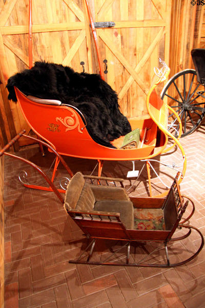 Sleighs in carriage house at Benjamin Harrison Presidential Site. Indianapolis, IN.