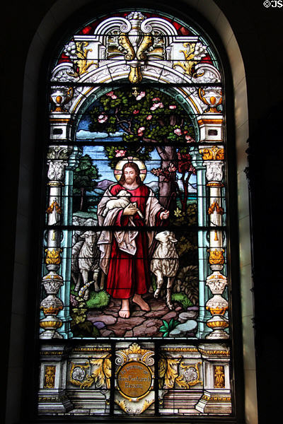 Christ as shepherd stained-glass window (1908) by Von Gerichten Art Glass of Columbus in Old Cathedral. Vincennes, IN.