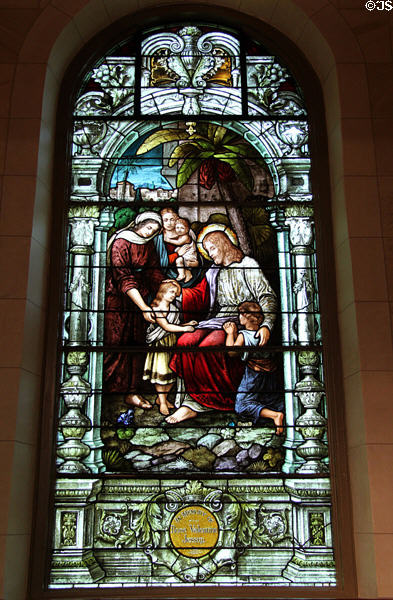 Christ with children stained-glass window (1908) by Von Gerichten Art Glass of Columbus in Old Cathedral. Vincennes, IN.