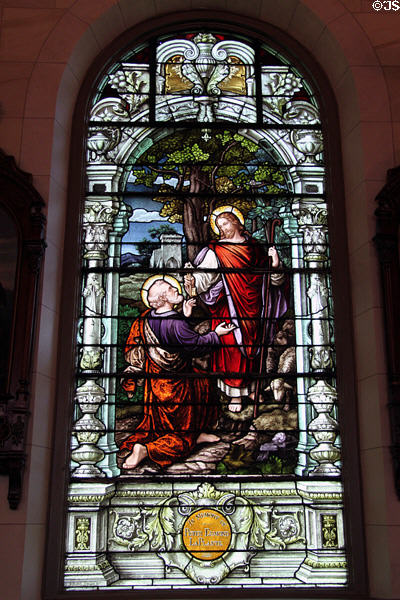 Christ giving keys to St Peter stained-glass window (1908) by Von Gerichten Art Glass of Columbus in Old Cathedral. Vincennes, IN.