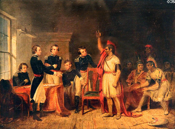 William Henry Harrison meeting Tecumseh inside Grouseland painting by Junius Brutus Stearns though Tecumseh would not enter the house. Tecumseh visited in Aug. 1810 & July, 1811. Vincennes, IN.