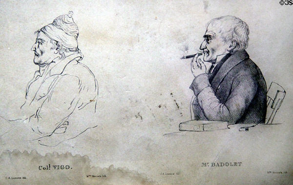 Graphic of Revolutionary Col. Vigo & Mr. Badolet of Vincennes by C.A. Lesueur at Grouseland. Vincennes, IN.