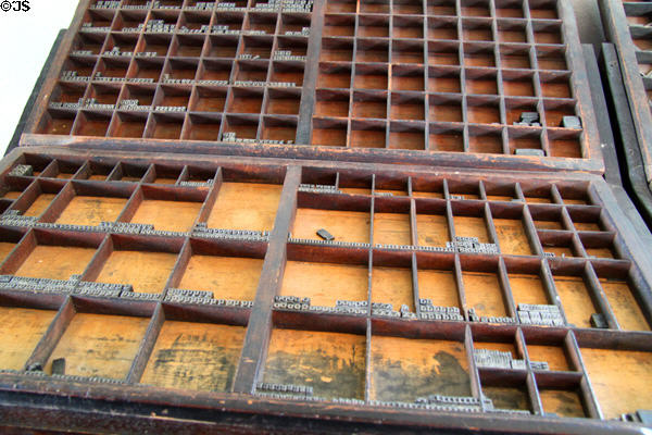 Type setting box in Elihu Stout Print Shop. Vincennes, IN.