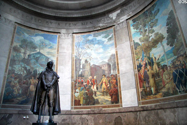 Statue of George Rogers Clark ringed by murals by Ezra Winter depicting his Revolutionary War epic which secured the American frontier & protected American states from invasion from the West. Vincennes, IN.