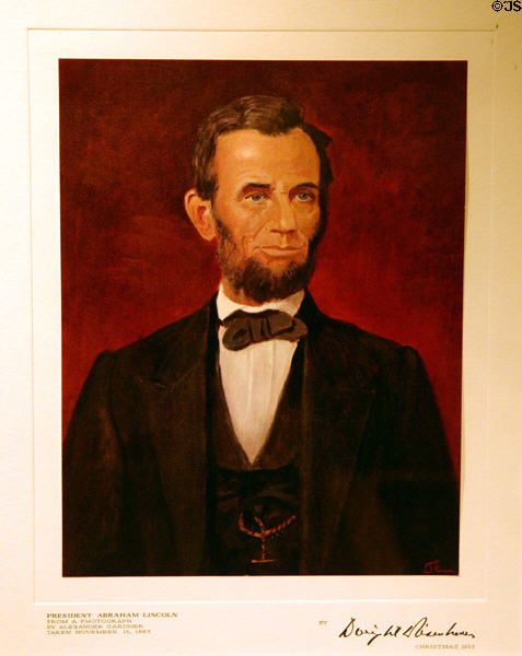 Painting (1953) of Abraham Lincoln by Dwight D. Eisenhower after photo by Alexander Gardner (1863) at his Museum. Abilene, KS.