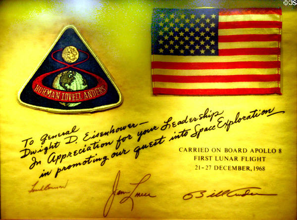 Flag & patch of Apollo 8 (1968) autographed by Frank Borman, James Lovell & Bill Anders at Eisenhower Museum. Abilene, KS.