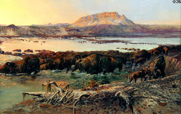 Buffalo on the Move painting (1899) by Charles M. Russell at Wichita Art Museum. Wichita, KS.