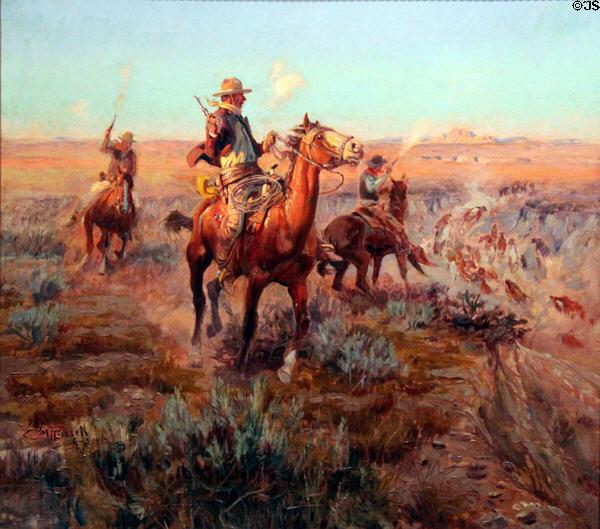Smoking Cattle out of the Breaks painting (1912) by Charles M. Russell at Wichita Art Museum. Wichita, KS.