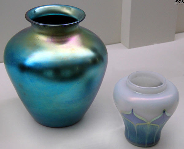 Steuben glass Blue Aurene vase (c1915) & vase (c1910) at Wichita Art Museum. Wichita, KS.